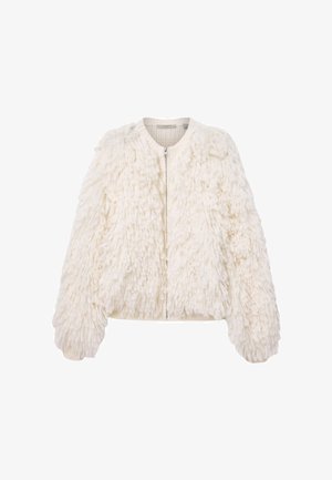 Witte, pluizige faux fur bomberjas met een ritssluiting aan de voorkant, een geribde kraag en een getextureerd oppervlak. Kenmerkt zich door volumineuze mouwen en een cropped ontwerp.
