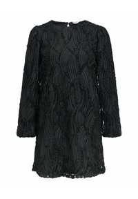 Schwarzes langärmliges Kleid aus strukturiertem Stoff mit erhöhten Wellenmustern, Rundhalsausschnitt und einem Rückenschlussdetails.