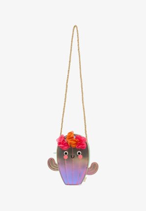 Borsa a tracolla a forma di cactus in verde e rosa iridescenti, con decorazioni floreali, occhietti giocosi e una tracolla intrecciata.