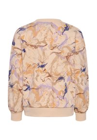 Lichte, crème-kleurige sweatshirt met een abstract marmerpatroon in tinten blauw, bruin en goud. Zachte textuur met elastische boorden en onderrand.