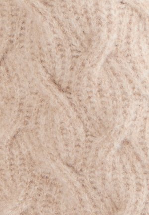 Tejido de punto beige suave con una textura difusa y un sutil patrón de trenzado en forma de rombo.