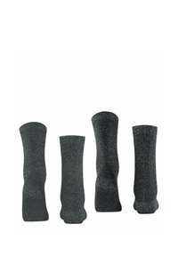 Graue, gestrickte Socken in verschiedenen Längen, mit einem strukturierten Muster und einem geribbelten oberen Rand, auf einem weißen Hintergrund präsentiert.