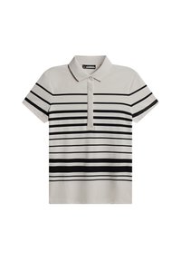 Koszula polo z krótkim rękawem w jasnym beżu z poziomymi czarnymi paskami. Posiada klasyczny kołnierzyk oraz zapięcie na guziki. Gładka faktura.