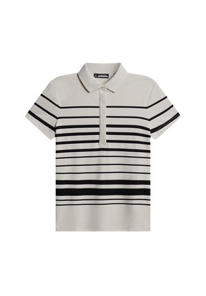 Korte mouwen polo shirt in lichtbeige met horizontale zwarte strepen. Beschikt over een klassieke kraag en een knoopsluiting. Gladde textuur.