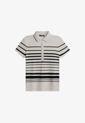 Koszula polo z krótkim rękawem w jasnym beżu z poziomymi czarnymi paskami. Posiada klasyczny kołnierzyk oraz zapięcie na guziki. Gładka faktura.