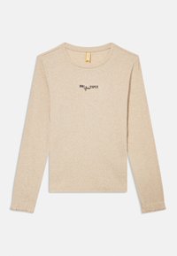 Langärmeliges, beiges Oberteil aus weichem Stoff, mit einem gestickten Slogan "BEYouTIFUL" in Schwarz, sowie gerippten Bündchen und einem runden Ausschnitt.
