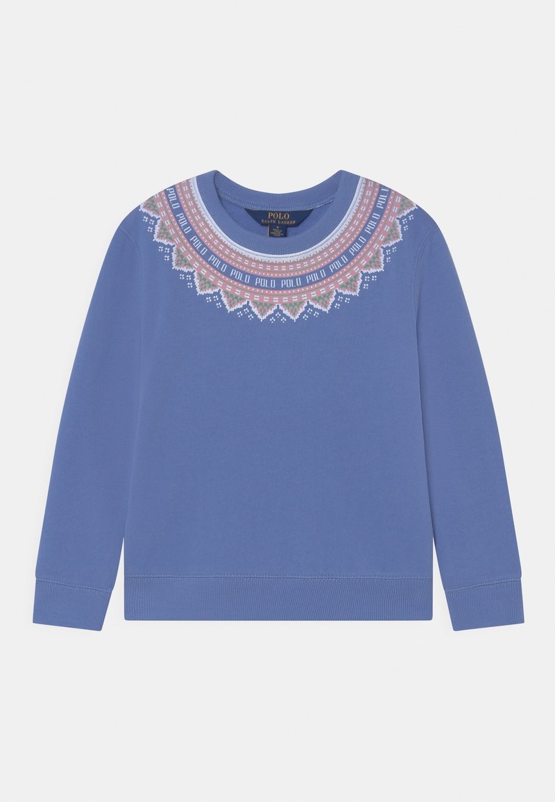 Blå sweatshirt med långa ärmar, med en dekorativ rund halsringning med ett flerfärgat mönstrat band, tillverkad av mjukt tyg.