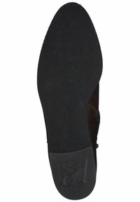 Zwarte rubberen schoenzool met textuur voor grip, met een afgeronde neusvorm en een reliëflogo-detail. Glad bovenrand met een lichte kromming.