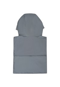 Gilet imbottito grigio con cappuccio, caratterizzato da una texture liscia e lucida e da un design dritto, senza hardware o decorazioni visibili.