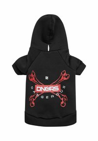 Svart hettegenser til hund laget av mykt stoff, med hette, korte ermer og et grafisk design med røde hodeskalleelementer og ordet "DNGRS."