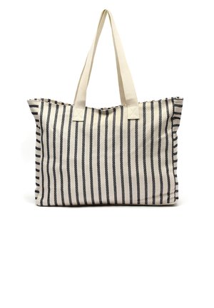 Beige und schwarz gestreifte Stofftragetasche mit breiten beigen Henkeln und rechteckigem Boden.