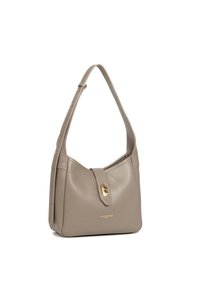 Sac à main en cuir gris de forme structurée, avec un fermoir en or, une bandoulière réglable et un logo discret à l'avant.