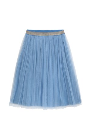 Hellblauer Tüllrock mit plissiertem Design, ausgestattet mit einem glatten Bund mit einem metallischen Goldakzent.