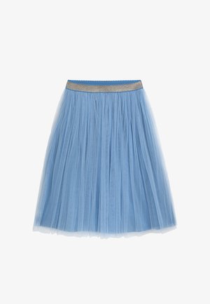 Hellblauer Tüllrock mit plissiertem Design, ausgestattet mit einem glatten Bund mit einem metallischen Goldakzent.