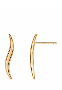 Złote kolczyki o falistym wzorze z polerowanym wykończeniem i zapięciem na sztyft, prezentujące smukły i wydłużony kształt.