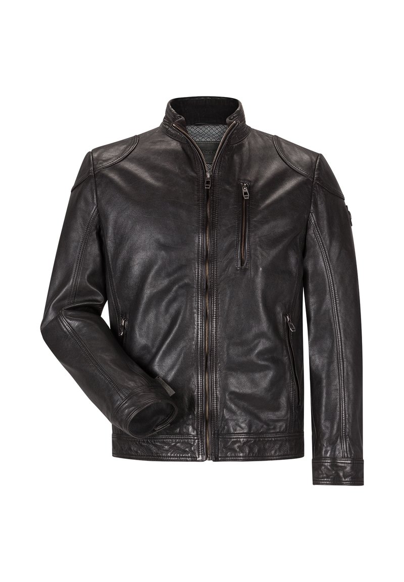 Schwarze Lederjacke mit Stehkragen, Reißverschluss vorne und zwei Seitentaschen. Verfügt über ein strukturiertes Innenfutter und schmal geschnittene Ärmel.