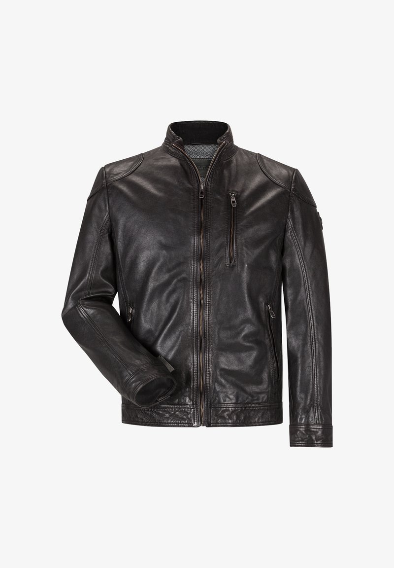 Schwarze Lederjacke mit Stehkragen, Reißverschluss vorne und zwei Seitentaschen. Verfügt über ein strukturiertes Innenfutter und schmal geschnittene Ärmel.