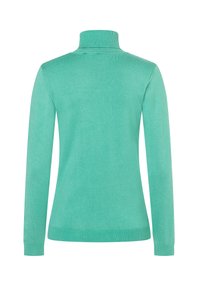 Türkiser Rollkragenpullover aus weichem Strickstoff. Mit langen Ärmeln, geripptem Kragen und Bündchen sowie einem geraden Saum.