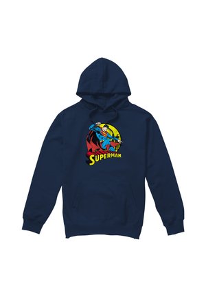 Navy blue hoodie with front pocket features a colorful Superman graphic and logo against a yellow circular background.