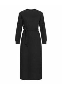 Černé pletené šaty s dlouhými rukávy, kulatým výstřihem a páskem na zavázání v pase. Textura působí měkce a design je jednoduchý a přiléhavý.