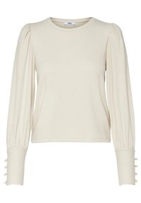 Kremowy długi rękaw bluzka z okrągłym dekoltem, teksturowany materiał, marszczone rękawy i perłowe akcenty na mankietach.