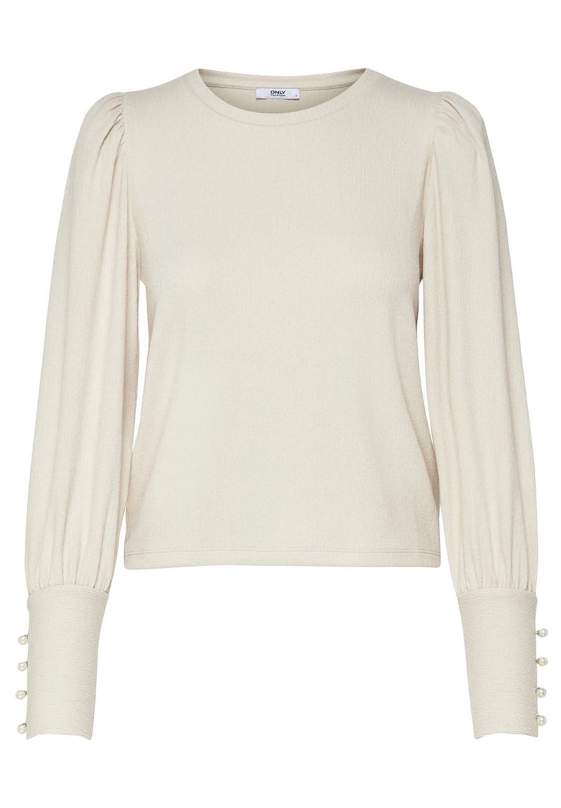 Kremowy długi rękaw bluzka z okrągłym dekoltem, teksturowany materiał, marszczone rękawy i perłowe akcenty na mankietach.