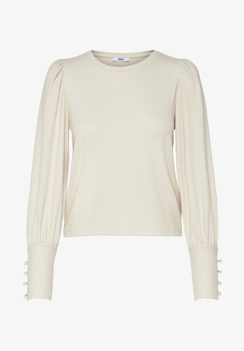 Kremowy długi rękaw bluzka z okrągłym dekoltem, teksturowany materiał, marszczone rękawy i perłowe akcenty na mankietach.