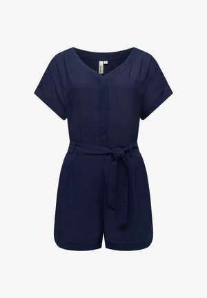 Navy blue romper in lightweight fabric, with a V-neck, short sleeves, front button closure, and a belted waist for shaping.