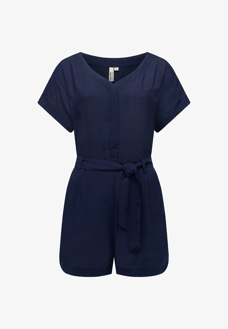 Navy blue romper in lightweight fabric, with a V-neck, short sleeves, front button closure, and a belted waist for shaping.