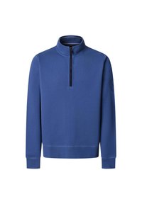 Pull bleu à manches longues avec col montant et demi-fermeture éclair noire, avec un logo discret sur la manche gauche et des poignets et un ourlet côtelés.