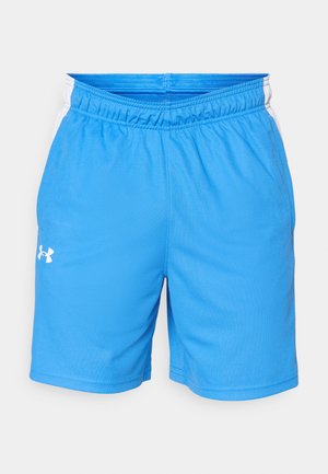 Shorts de sport bleus en polyester texturé avec une taille élastique, présentant des accents latéraux blancs et un petit logo sur le devant.