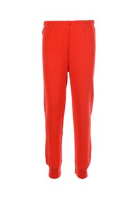 Pantaloni da ginnastica rossi realizzati in tessuto morbido, con una vita elasticizzata, polsini affusolati e una superficie liscia senza fantasie o decorazioni.