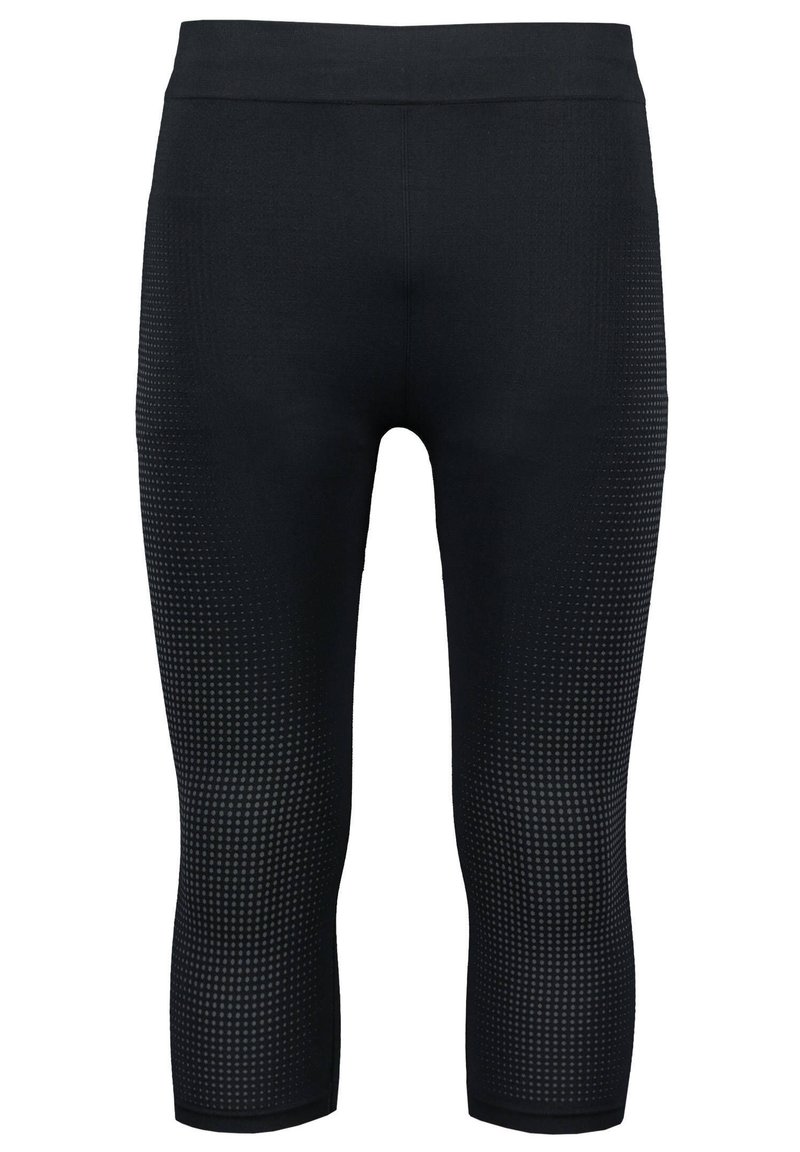 Schwarze Leggings mit glatter Textur und 3/4-Länge, ausgestattet mit einem gepunkteten Muster an den unteren Seiten und einem hohen Bund.