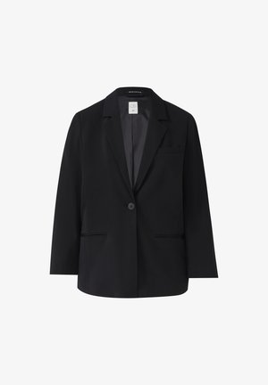 Schwarzer Blazer aus einem glatten Stoff, mit einem einfachen Knopfverschluss, Reverskragen und zwei vorderen Taschen ohne sichtbare Muster.