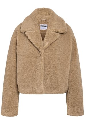 Kort beige teddyjacka med slagkrage, texturerat fleecematerial och långa ärmar. Har dold stängning framtill.