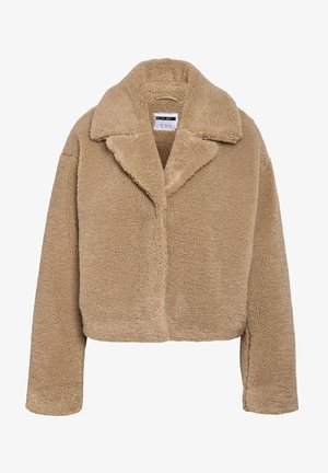 Cropped beige teddy coat with a notched collar, textured fleece material, and long sleeves. Features a hidden front closure.