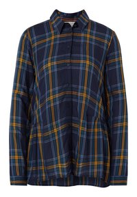 Camicia a quadri blu navy con strisce gialle, blu e verdi. Presenta un colletto, maniche lunghe e un dettaglio di vita arricciata.