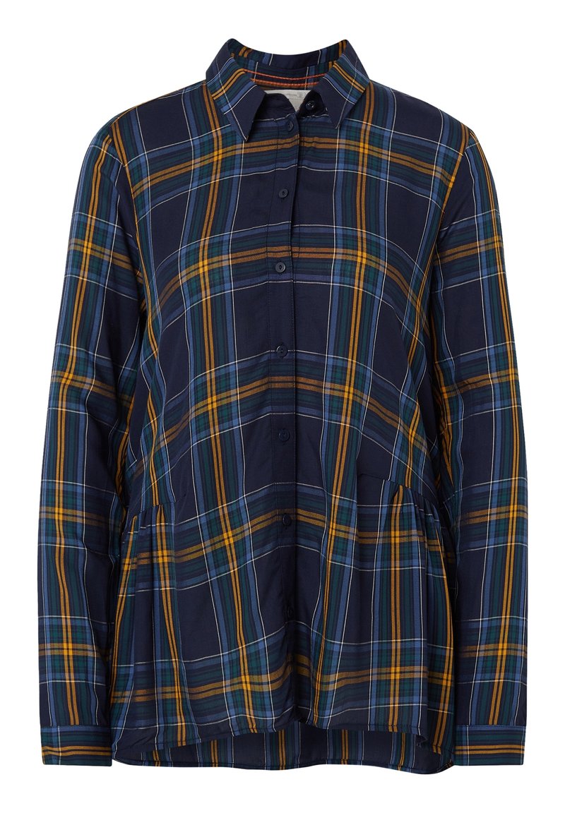 Camicia a quadri blu navy con strisce gialle, blu e verdi. Presenta un colletto, maniche lunghe e un dettaglio di vita arricciata.