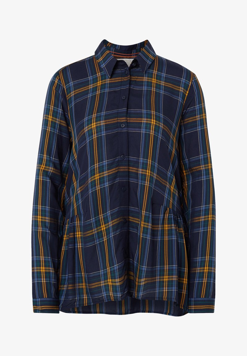 Navy plaid button-up shirt with yellow, blue, and green stripes. Features a collar, long sleeves, and a gathered waist detail.