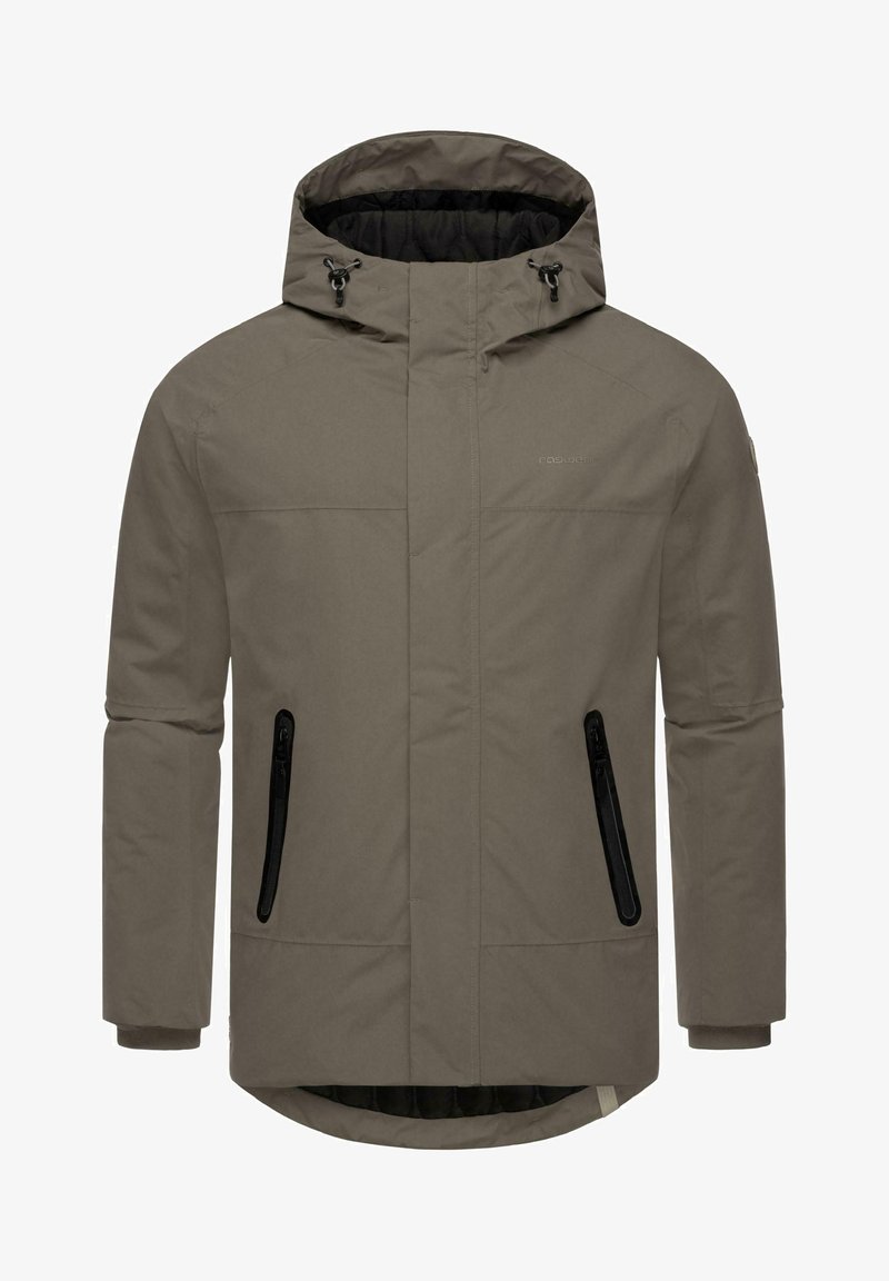 Beige vattentät jacka med huva, fickor med dragkedja och elastiska ärmslut. Strukturerad tyg med en slät yta och en längre bakre fåll.