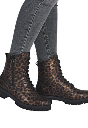 Braune und schwarze Leopardenmuster-Ankle Boots mit Schnürsenkeln, seitlichem Reißverschluss, strukturiertem Leder und einer robusten schwarzen Gummisohle.