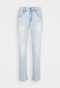 Jeans in denim azzurro chiaro con un design a gamba dritta, caratterizzati da cinque tasche, una chiusura con zip e una leggera scoloritura per un look consumato.