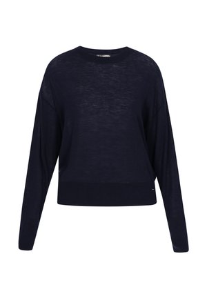 Temno modri pulover z ohlapnim krojem, dolgimi rokavi, okroglim izrezom in rebrastim robom. Narejen iz lahkotnega, rahlo teksturiranega materiala.
