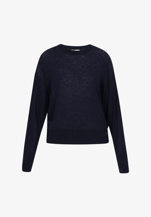 Tamno plavi pulover s labavim krojem, dugim rukavima, okruglim izrezom i rebrastim donjim rubom. Izrađen od lagane, blago teksturirane tkanine.