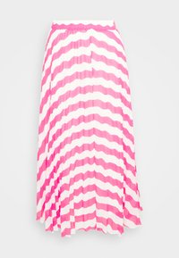 Saia plissada rosa e branca com padrão de riscas onduladas, cós elástico e um design fluido, adequada para uso casual.