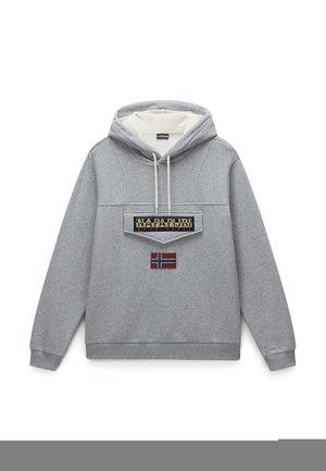 Grå huvtröja med känguruficka, off-white inredning och broderad logotyp. Har ett litet norskt flagga-patch.