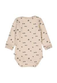 Long-sleeve baby bodysuit in beige fabric with a repeated pattern of small cars and animals. Soft cotton material with snap closure.