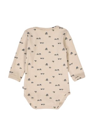 Body a manica lunga per bambino in tessuto beige con un motivo ripetuto di piccole auto e animali. Materiale in cotone morbido con chiusura a pressione.