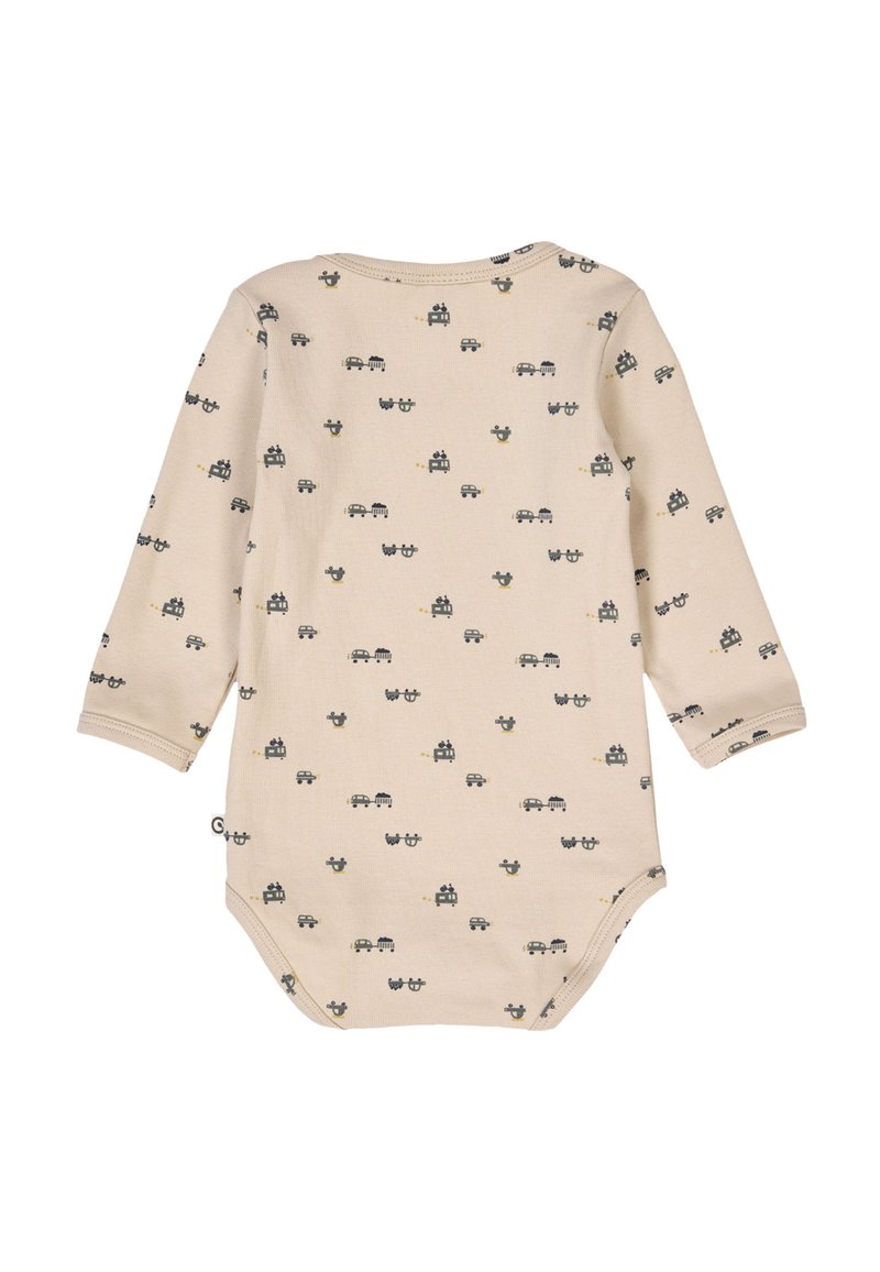 Long-sleeve baby bodysuit in beige fabric with a repeated pattern of small cars and animals. Soft cotton material with snap closure.