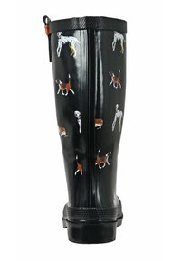 Black rubber rain boot featuring a dog pattern in white and brown. Textured black top and sole with grip accents for traction.